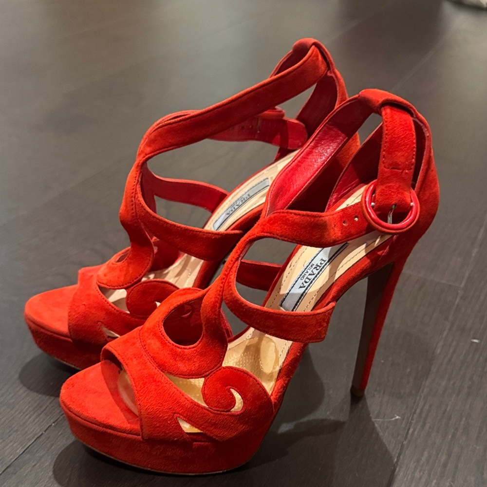 Prada Vibrant Red Suede Heels